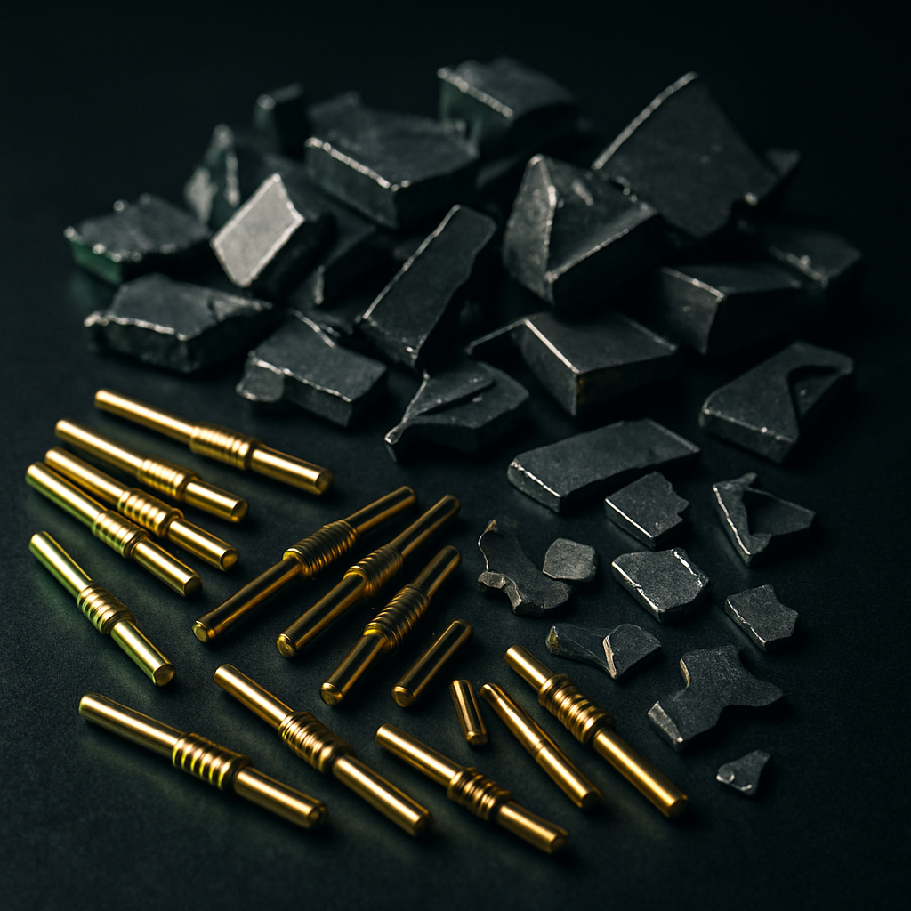 Gold-plated connector pins and metallic scrap with subtle green reflections