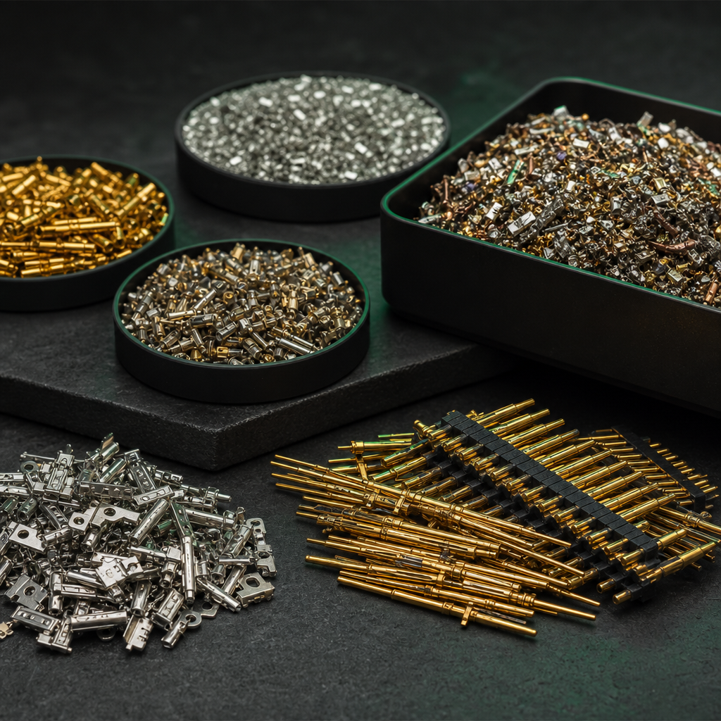 Gold-plated connector pins and metallic scrap with subtle green reflections