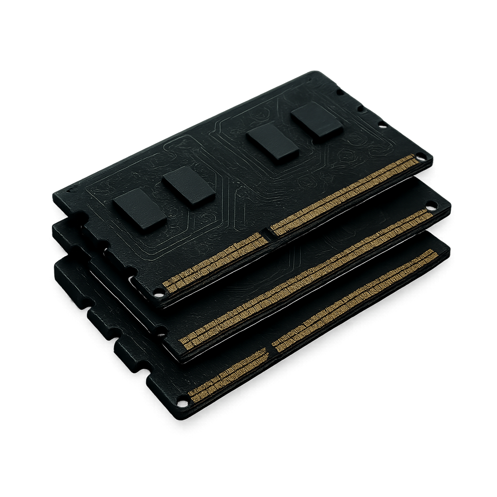 Compact stack of dark RAM modules with subtle green traces