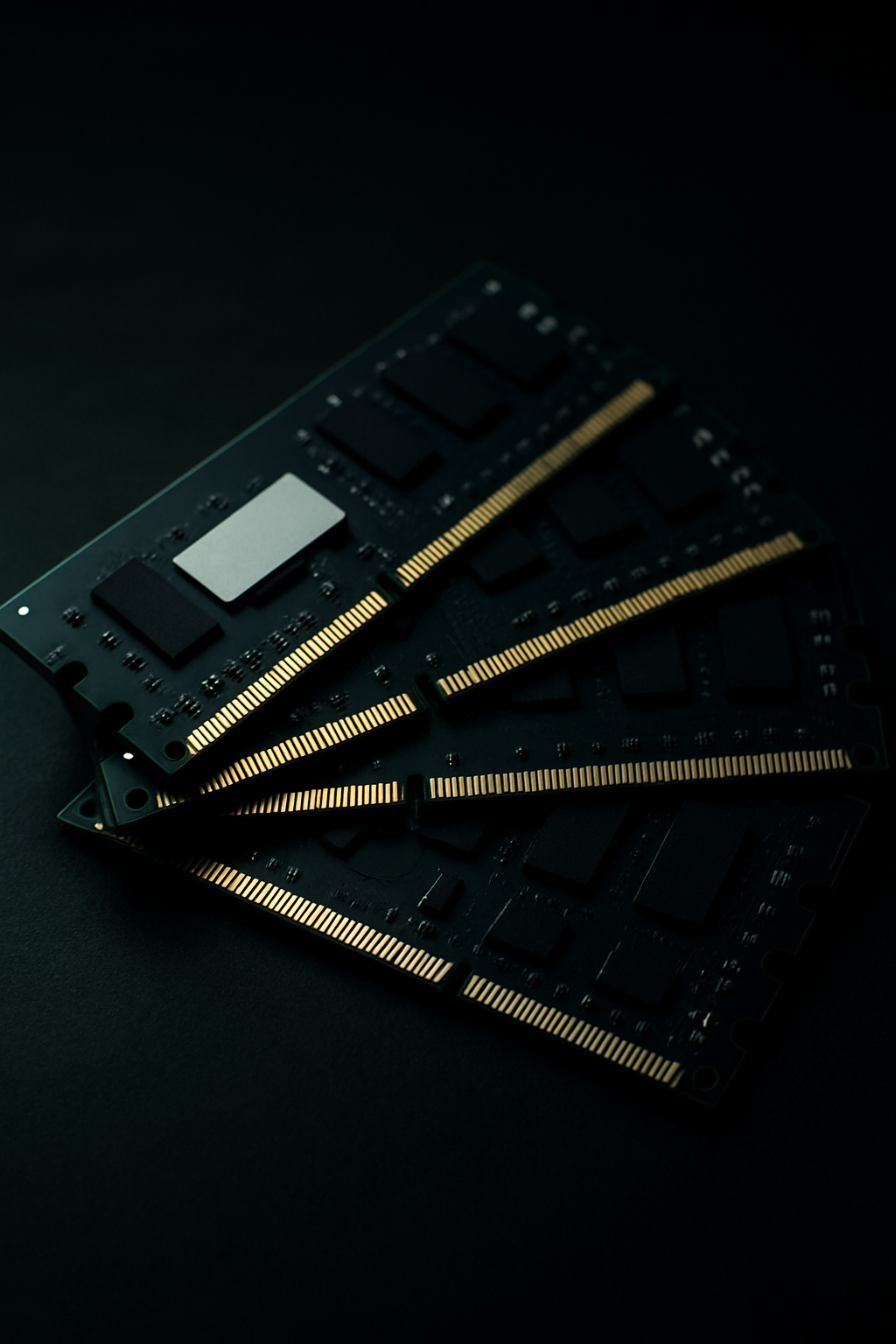Stack of dark blue RAM sticks with gold contacts
