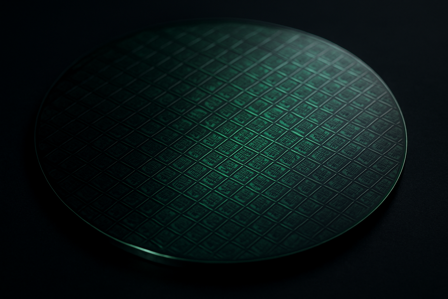 Silicon wafer with geometric die pattern under low-key lighting