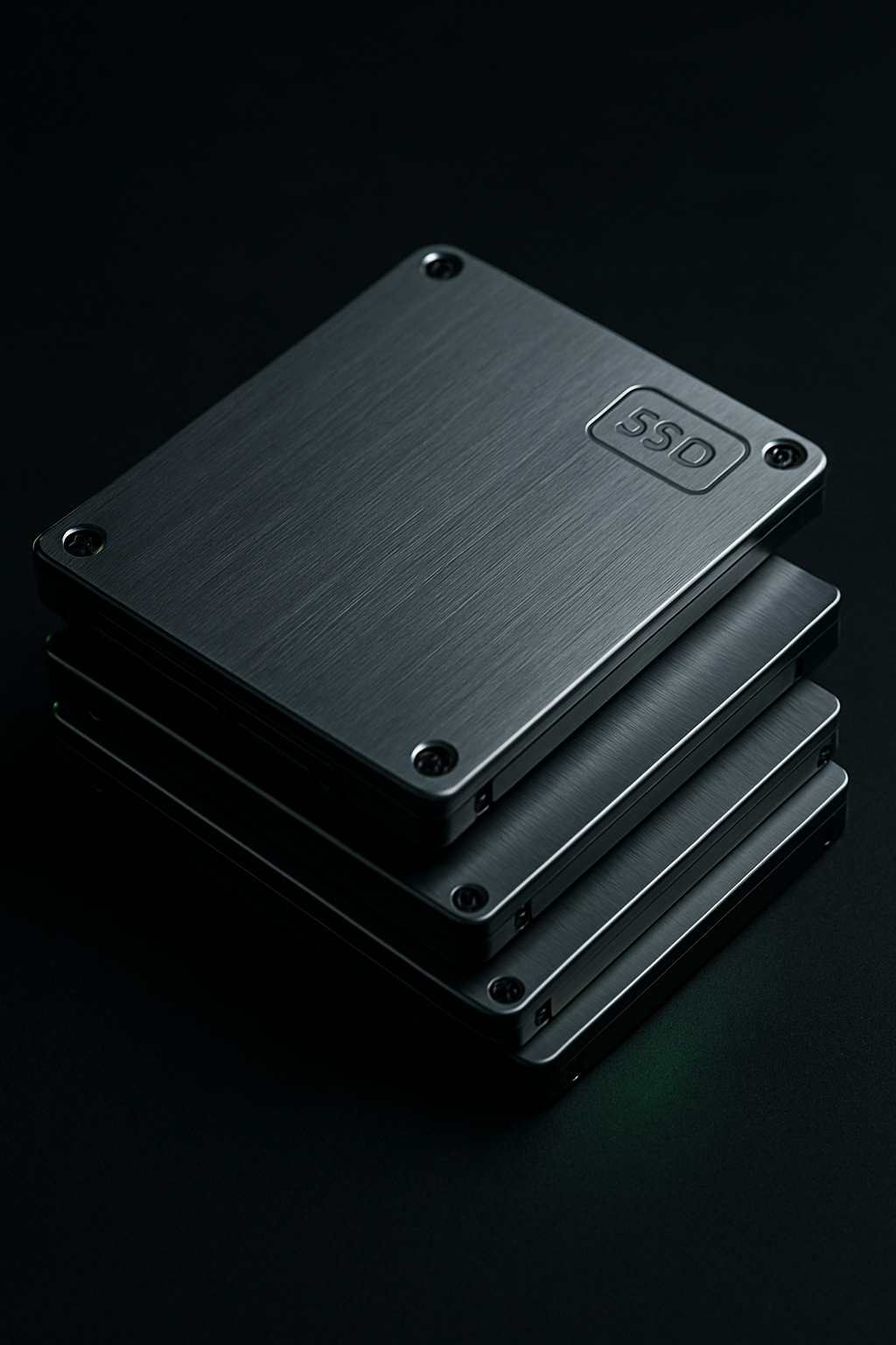 Stacked metal SSD drives with subtle green reflections