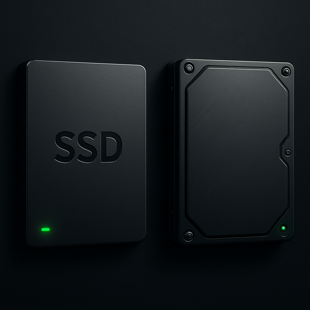 Slim SSD and compact hard drive with dark casing and green indicator accents