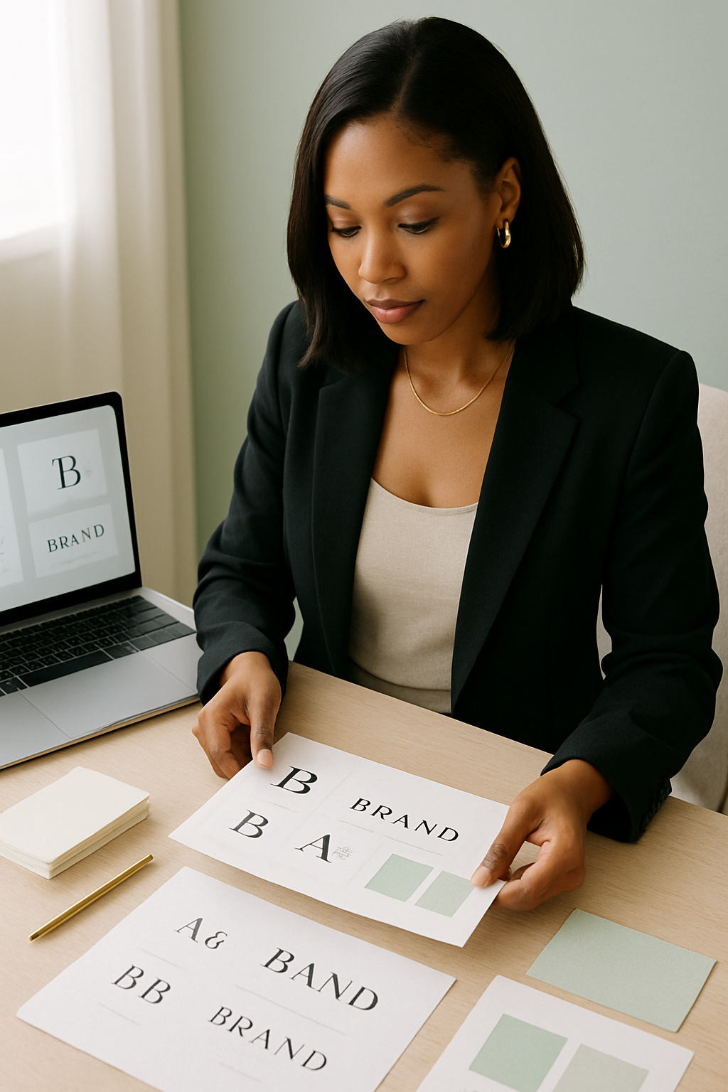 Portrait-style scene of a creative studio founder reviewing brand boards, color swatches, and typography proofs on a modern mint-accented workspace