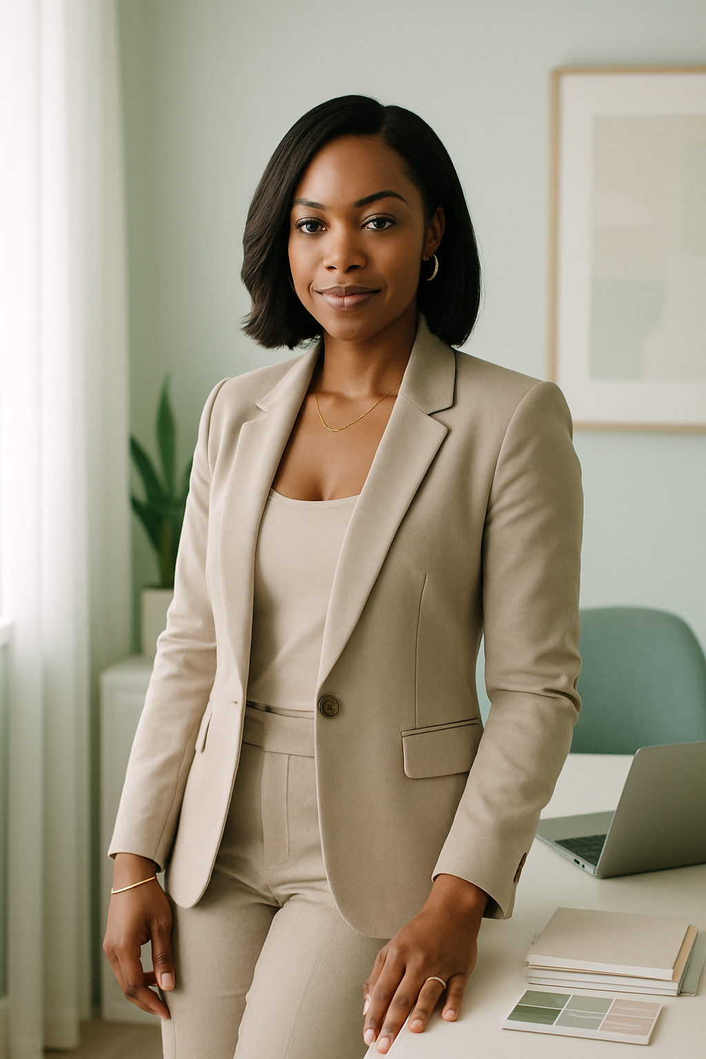 Studio founder in a polished creative workspace, warm confident portrait