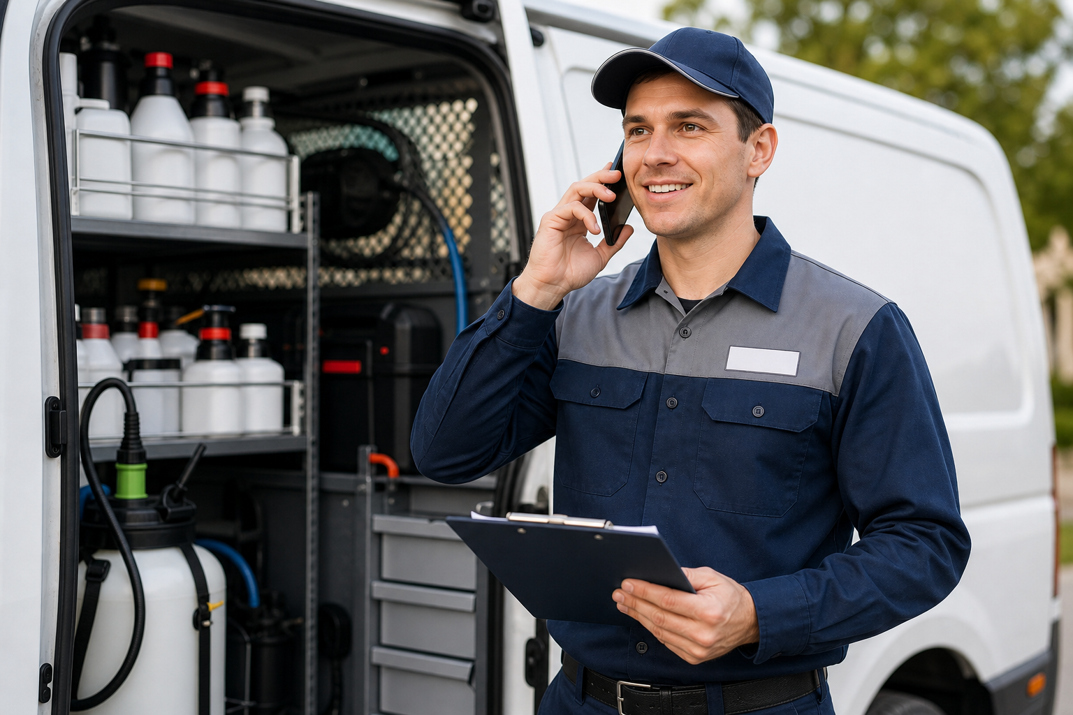 A professional pest control technician speaking on a phone while holding a clipboard, wearing a clean uniform in a tidy service vehicle