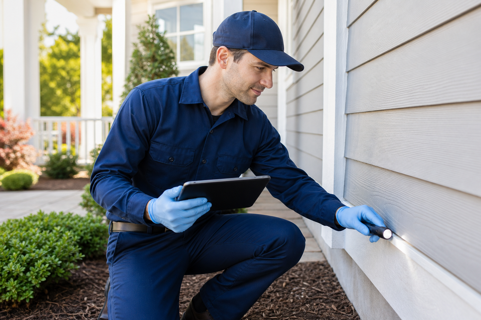 Professional pest control technician in a clean navy uniform inspecting a home exterior with a handheld tablet and inspection light, bright daytime setting