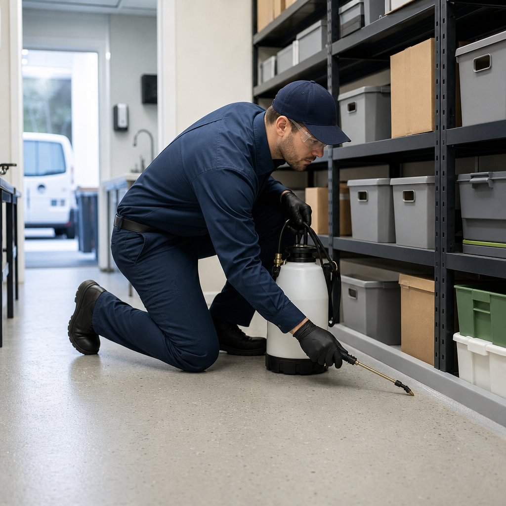 Pest control technician applying treatment inside a storage shed