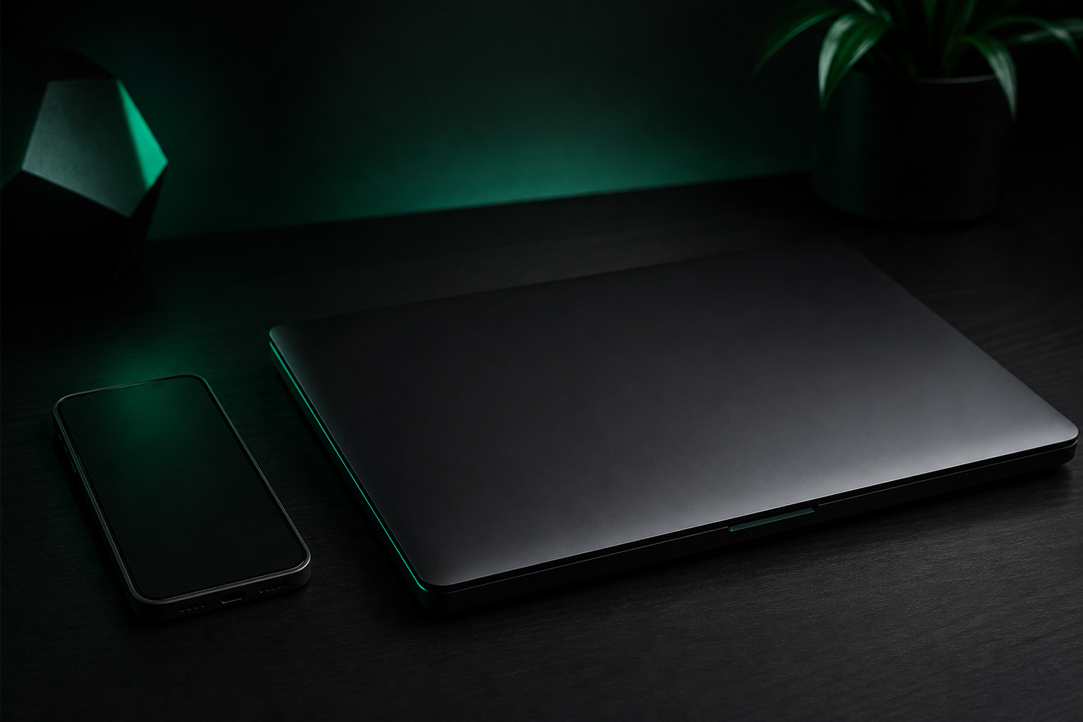 Minimalist secure laptop and privacy-focused smartphone on a dark desk with soft emerald accent lighting