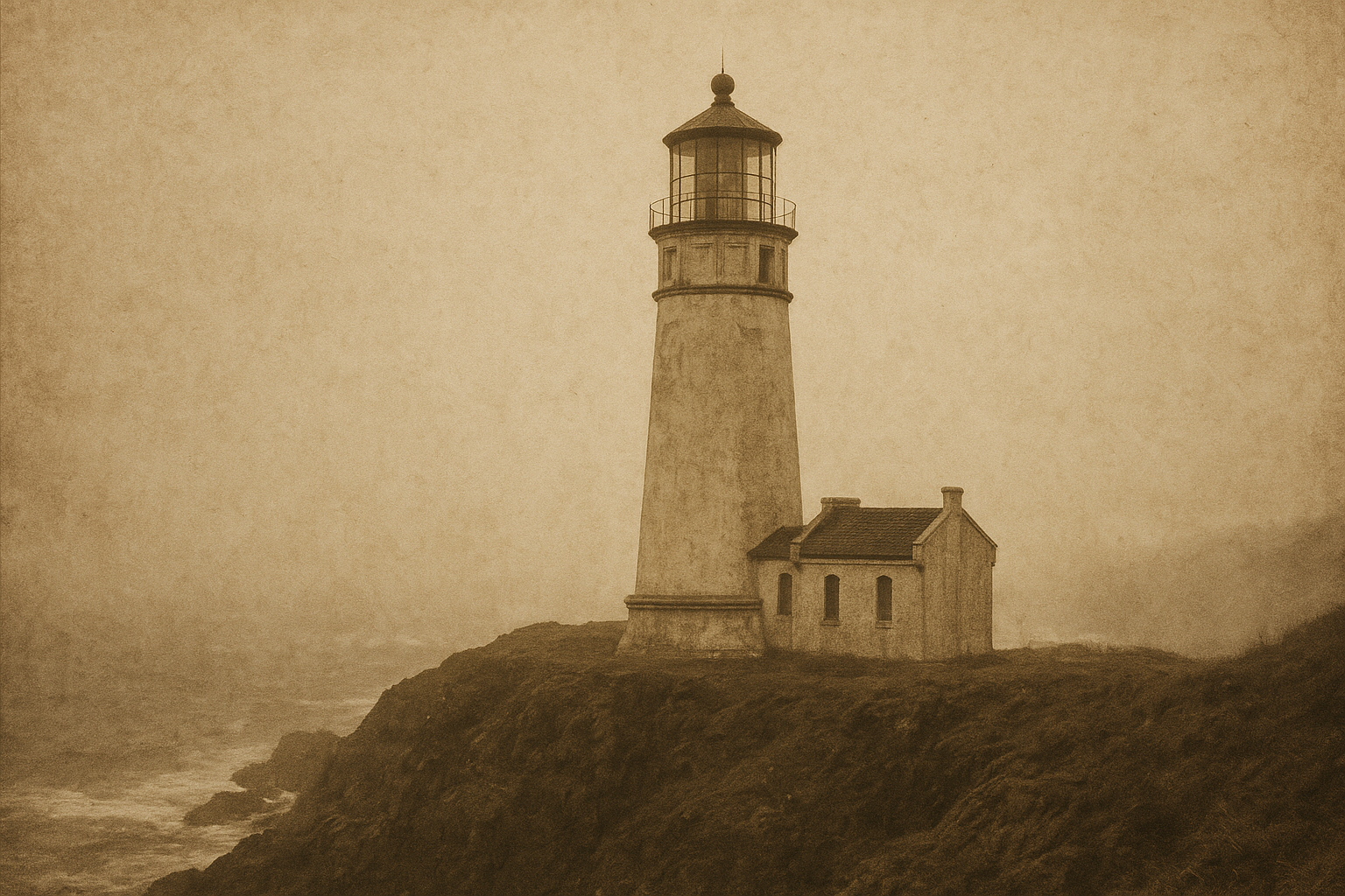Filmic archival photograph of a northern coast lighthouse on a weathered cliff with textured grain and warm paper tones