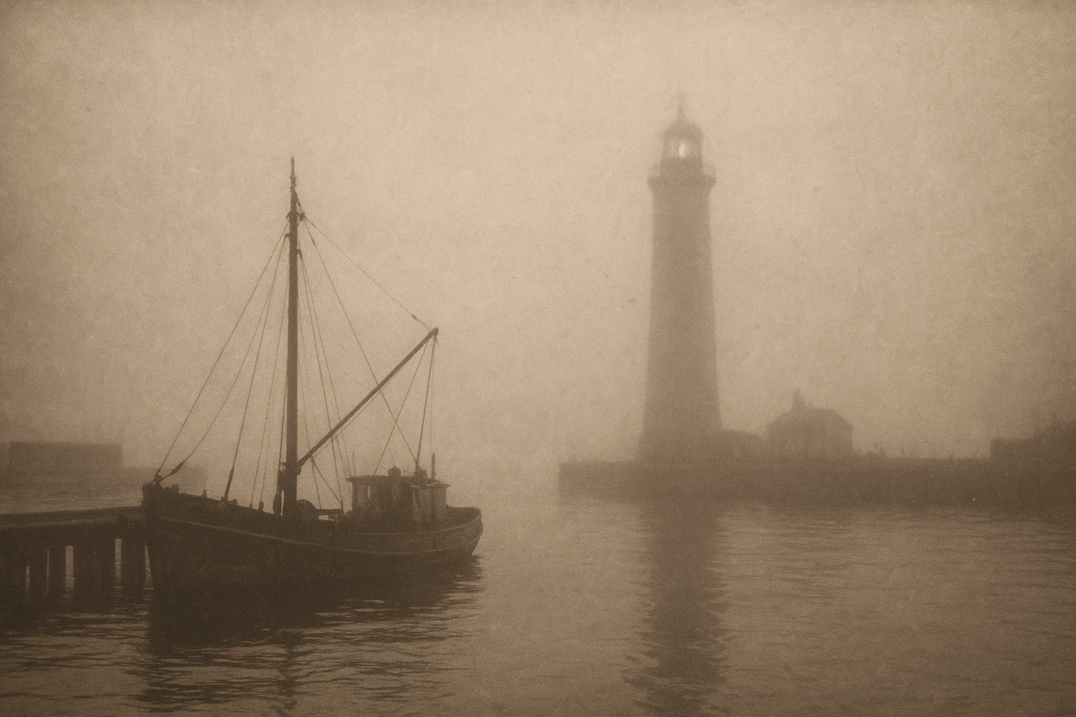 Lighthouse silhouette and harbor structures fading into coastal fog at dawn