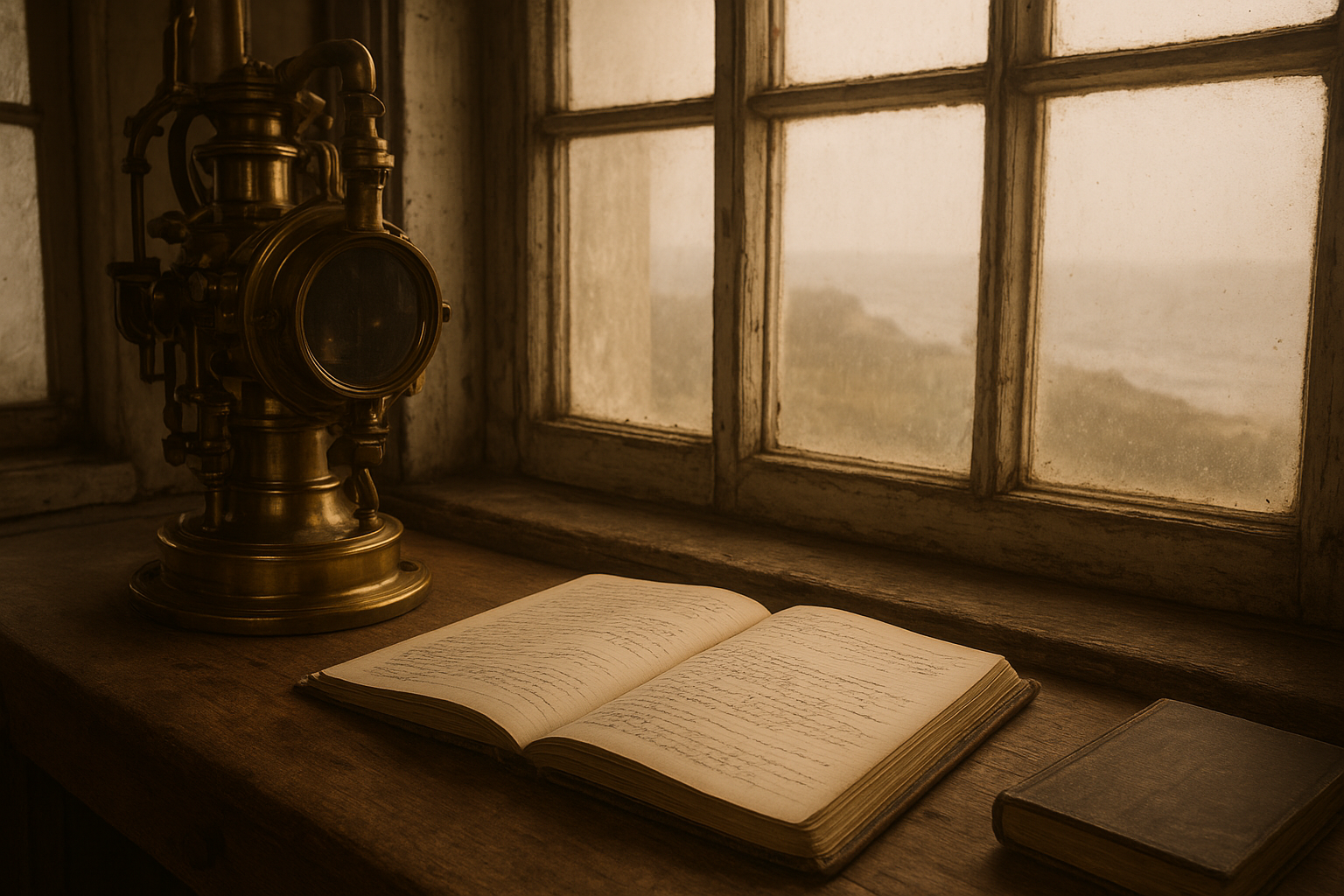 Warm archival-style scene inside a lighthouse lantern room with brass lamp parts, handwritten logbooks, and weathered wooden surfaces in soft coastal light