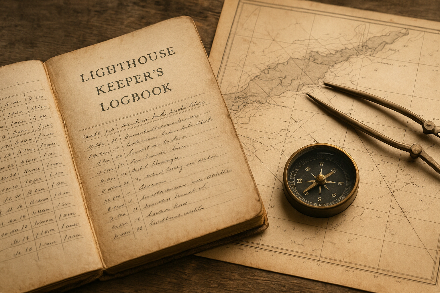 Archival keeper logbook beside a marked coastal chart and navigation tools on a wooden desk