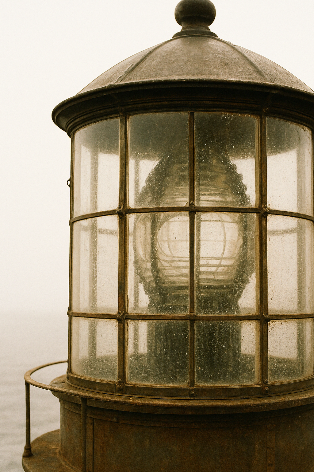 Close view of lantern-room glass and brass framing with salt haze