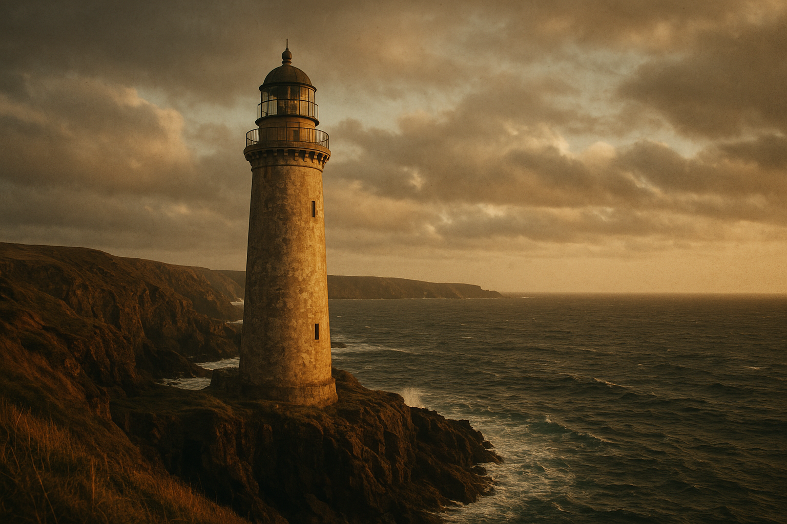 Warm film-inspired photograph of a tall stone lighthouse on the northern coast at dusk, with moody sea light, textured cliffs, gentle waves, subtle documentary grain, and timeless maritime atmosphere