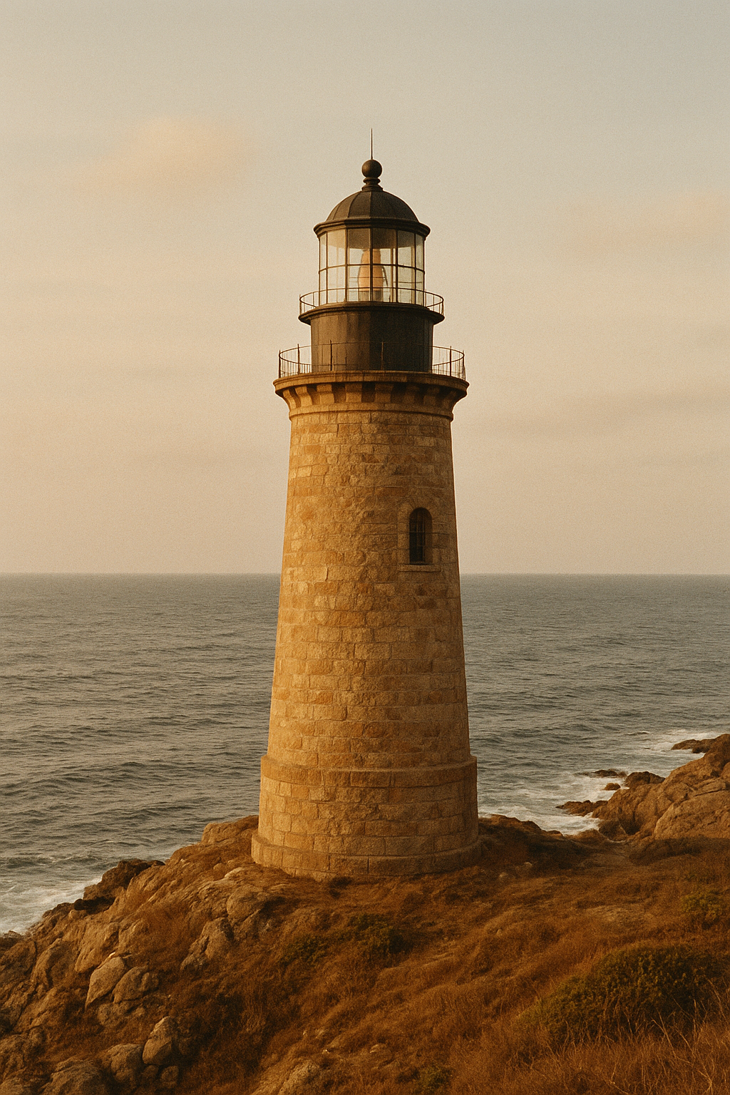Stone lighthouse tower standing above a rugged northern coastline at late afternoon