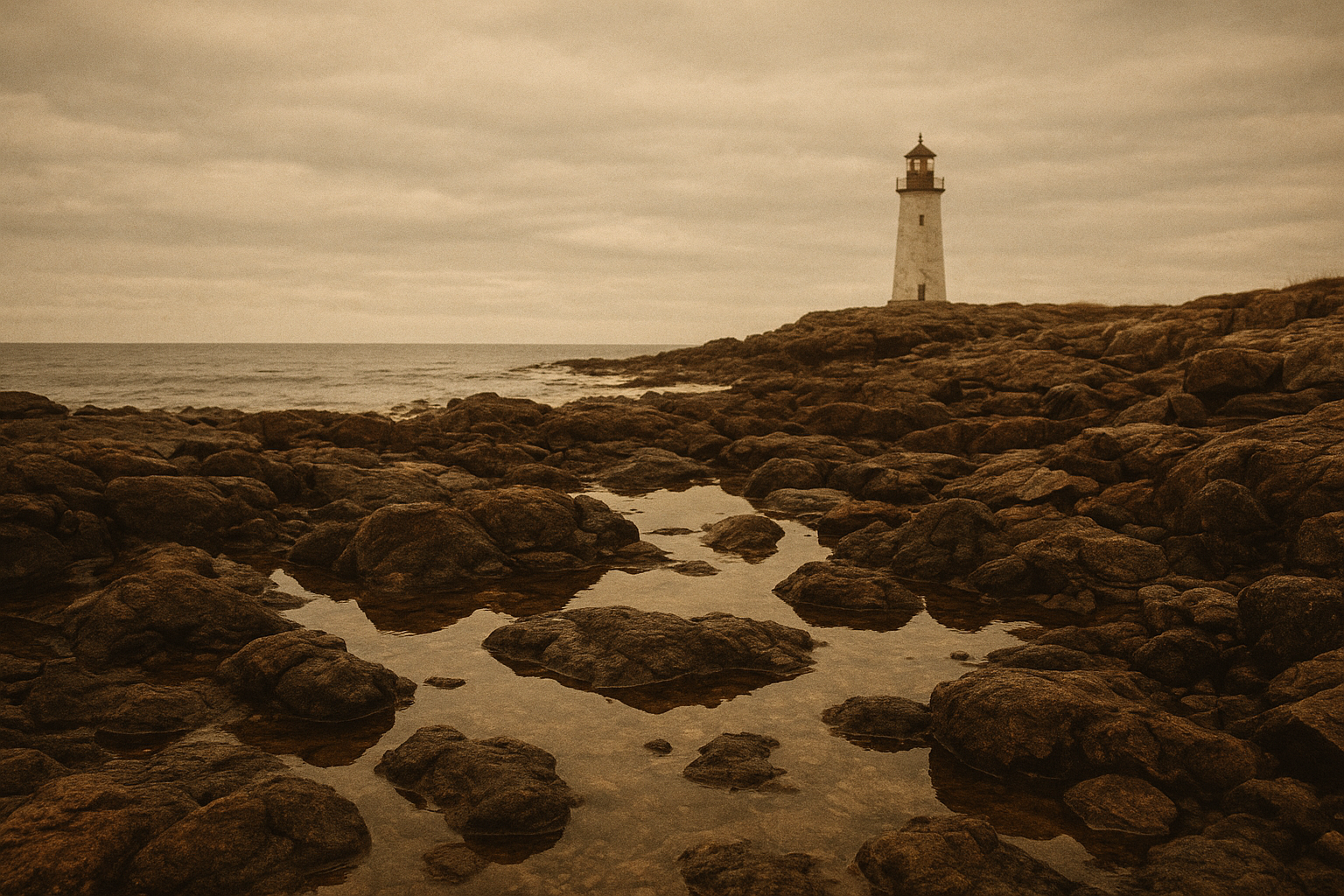 Rocky tideline and sea pools below a distant beacon on a cloudy coast