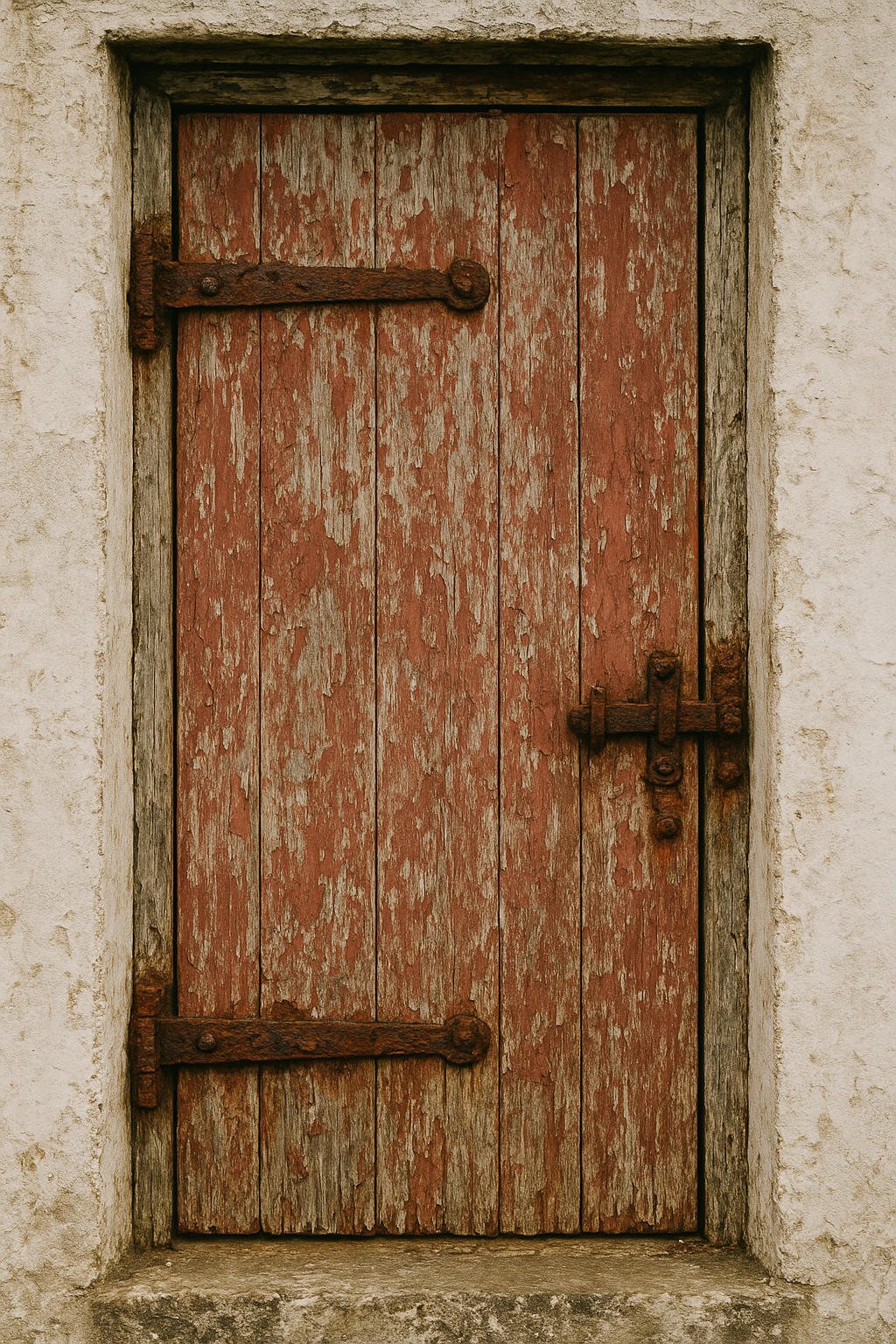 Weathered painted lighthouse service door with rusted hinges and peeling grain