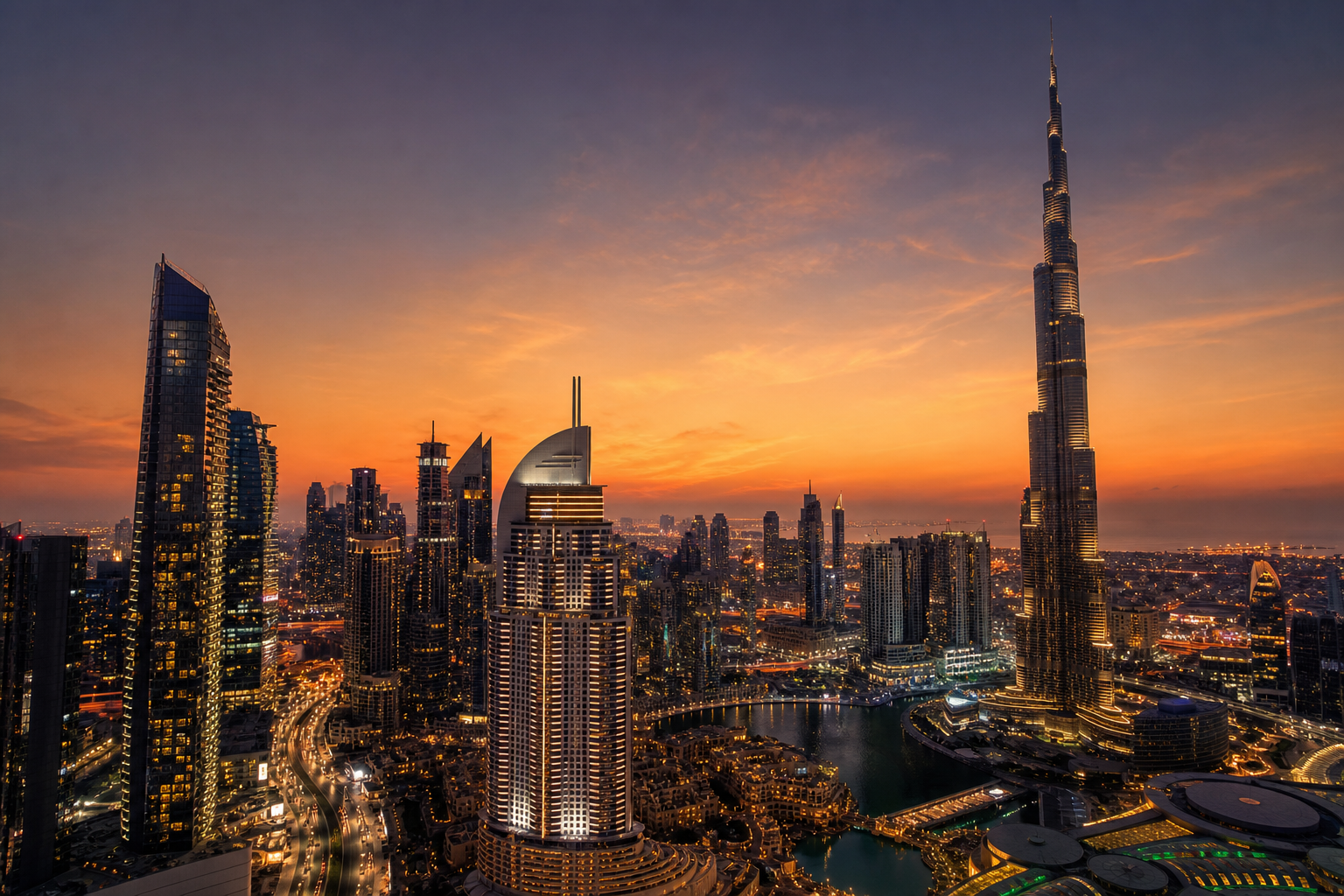 Panoramic Dubai skyline with modern luxury towers and a warm dusk glow
