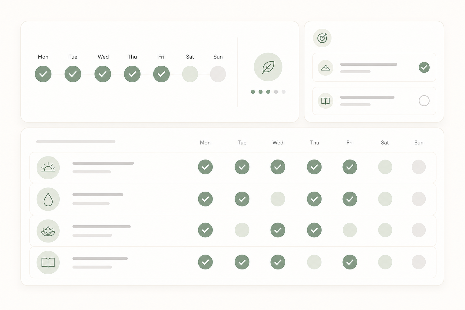 Minimal interface-style habit dashboard illustration with a weekly rhythm row, a soft streak badge, and a concise goals summary panel