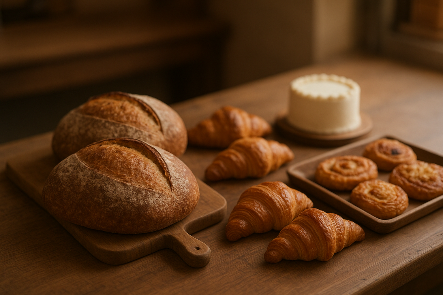 Warmly lit bakery spread with rustic sourdough loaves, golden croissants, and frosted cakes on a wooden counter