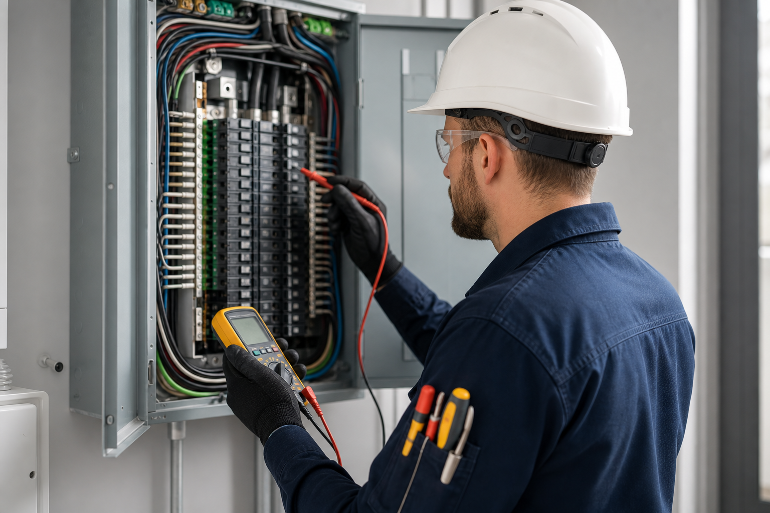 Professional electrician working on a modern electrical panel with organized wiring and bright interior lighting in a clean commercial-residential service environment