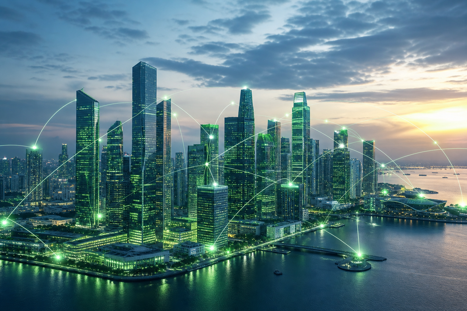Futuristic green-lit global skyline with connected towers and subtle digital network lines across a modern city horizon
