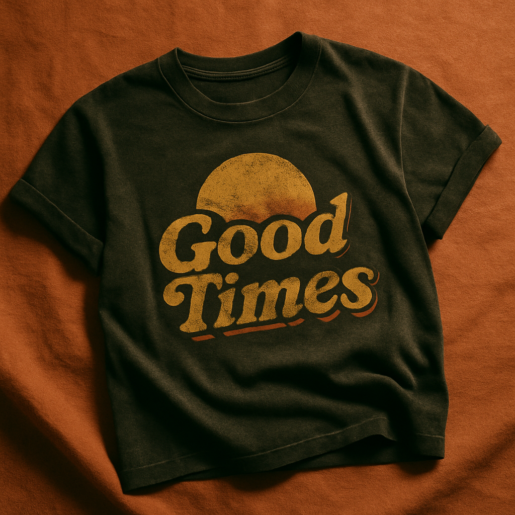 Faded black 1970s graphic tee with sun-washed print and soft drape, folded on a terracotta textile