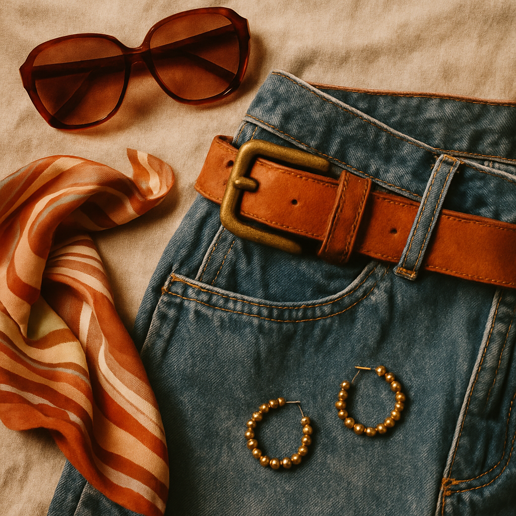 Close-up of vintage denim, worn leather belt, and retro accessories laid on a textured linen surface