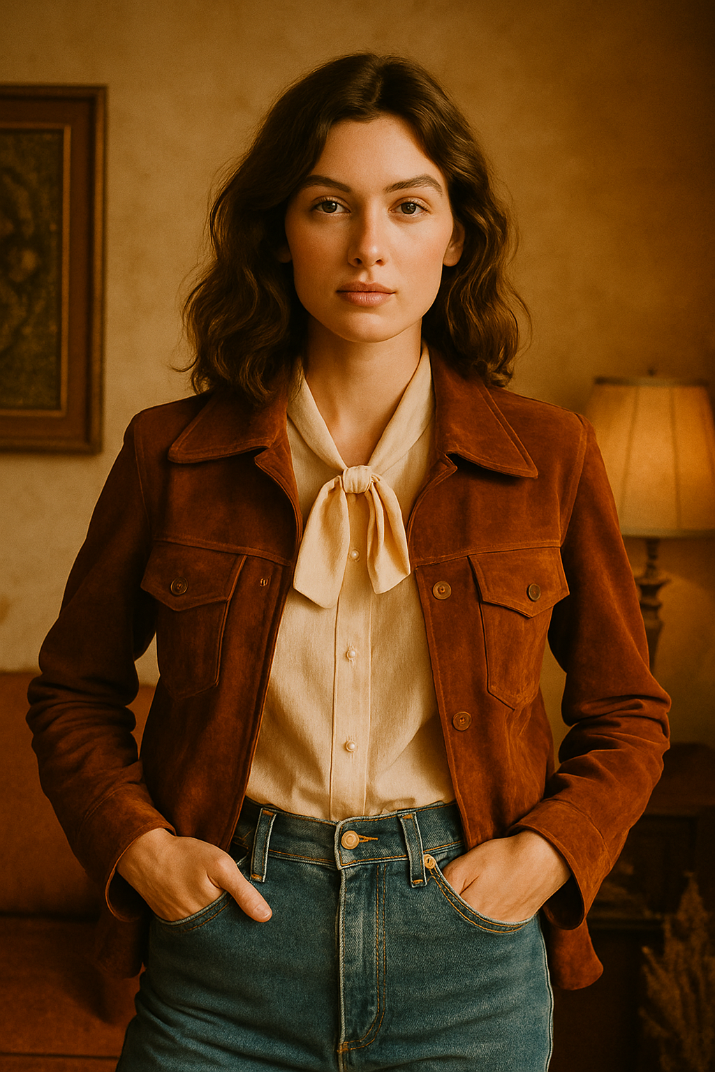 Editorial portrait of a model in a 1970s suede jacket with warm film tones and boutique styling
