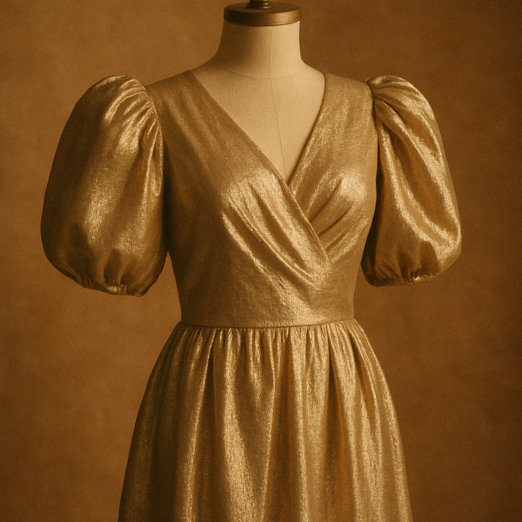 Champagne-gold 1980s occasion dress with metallic sheen and puff sleeves, photographed on a mannequin in warm studio light