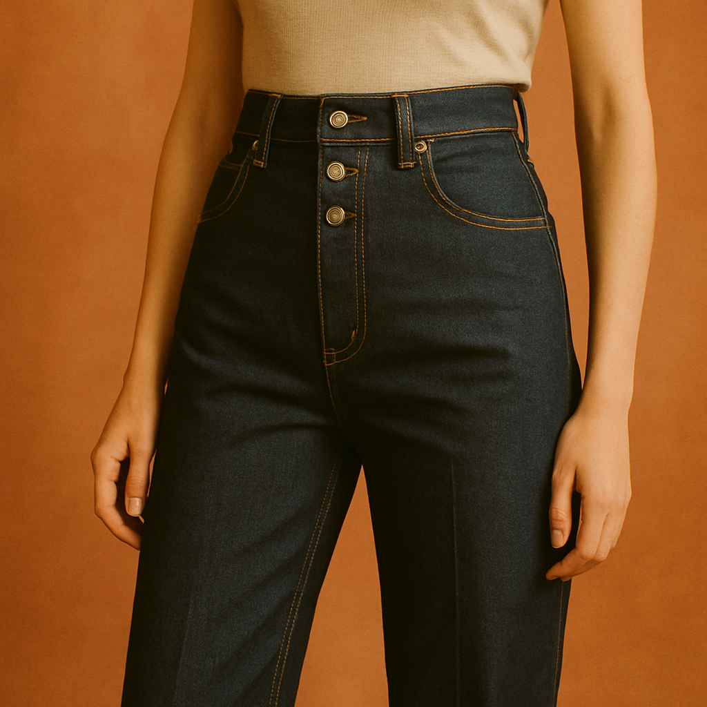 High-waisted dark indigo 1980s statement denim jeans with visible contrast stitching and brass buttons, styled on a warm studio backdrop