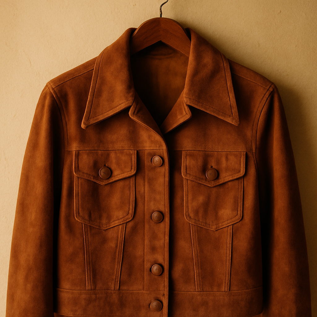 Cinnamon brown suede jacket with a wide collar and front pockets, draped on a hanger against a textured cream wall