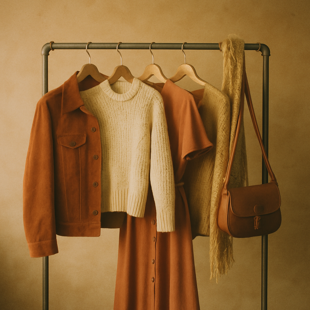 Warm film-style photo of a curated vintage clothing rack with 1970s and 1980s jackets, dresses, and accessories in earthy terracotta, cream, and muted brown tones, softly lit like an editorial studio