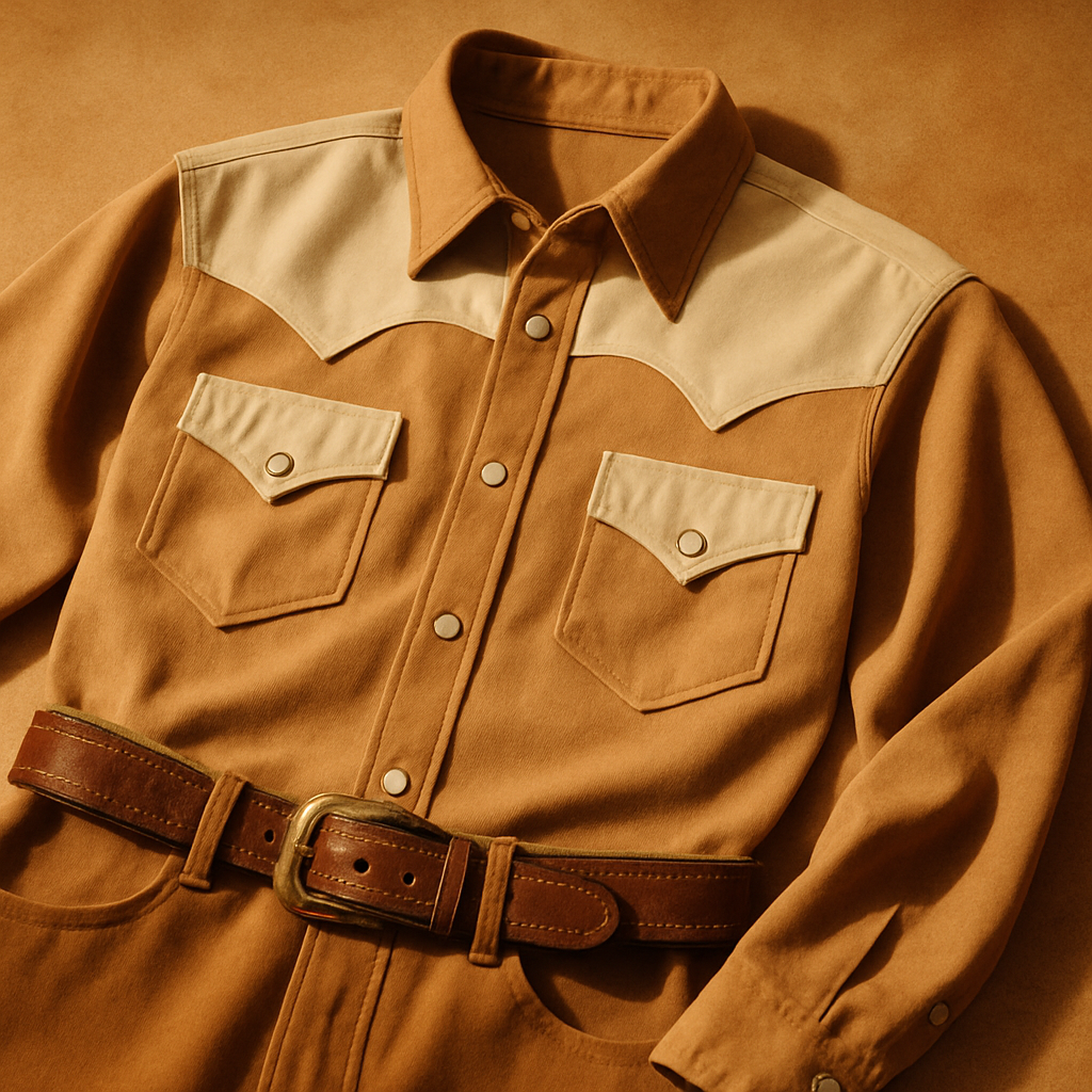 Two-tone western shirt in soft tan and cream with pearl snap buttons and pointed yokes, styled with a vintage belt in warm film lighting
