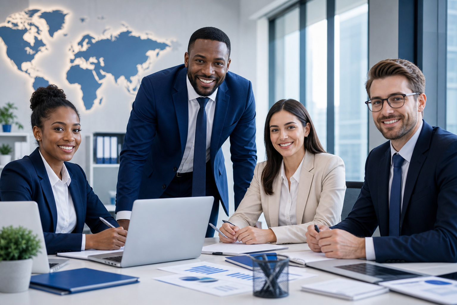 Équipe de conseillers internationaux BizLink Group dans un bureau moderne, souriante et professionnelle