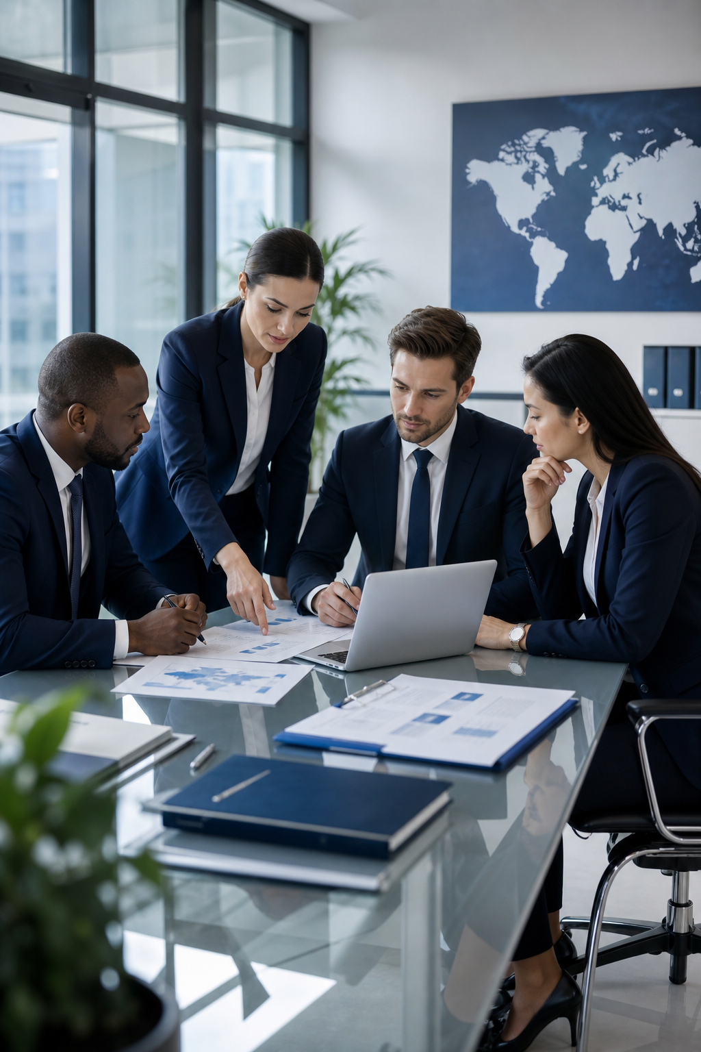 Consultants internationaux en réunion professionnelle autour de documents et d’un ordinateur