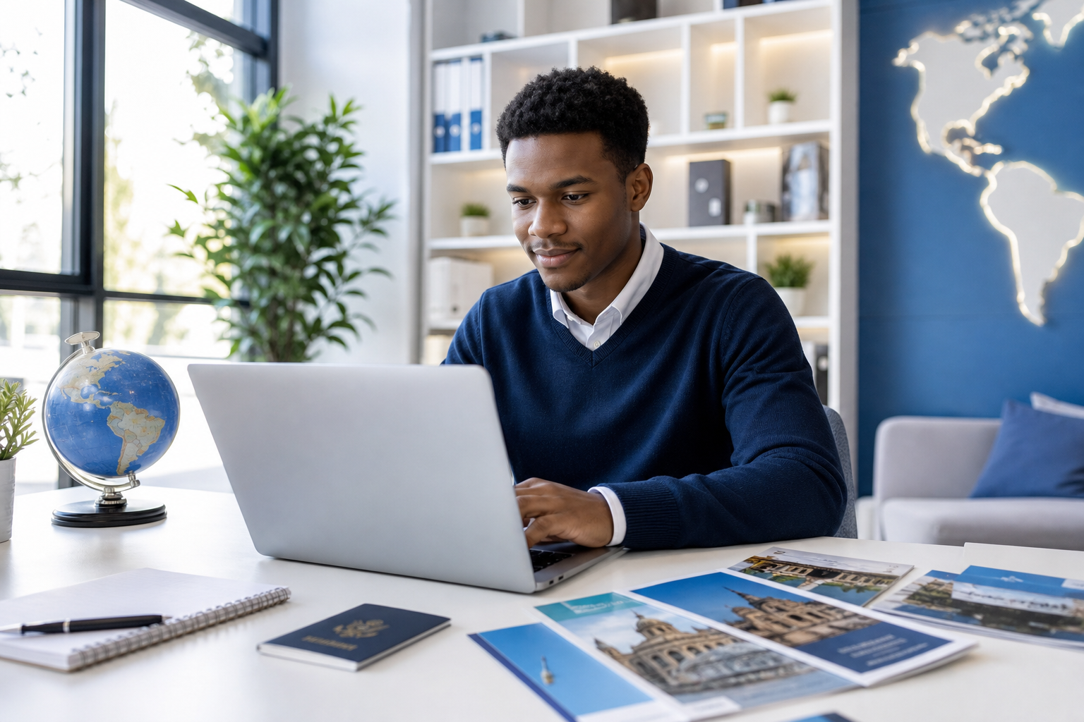 Étudiant international travaillant sur un ordinateur portable avec des brochures universitaires et un carnet de voyage, dans un espace lumineux et moderne.