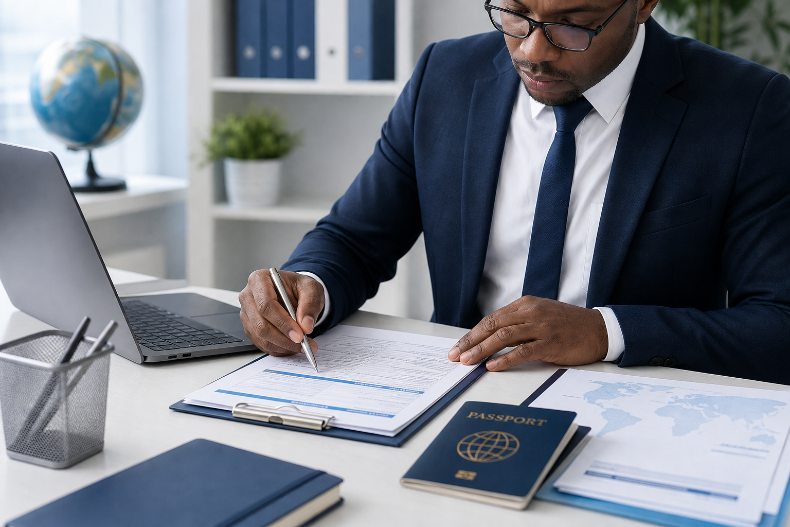 Consultante analysant un dossier d'immigration avec un passeport bleu et des documents officiels sur un bureau