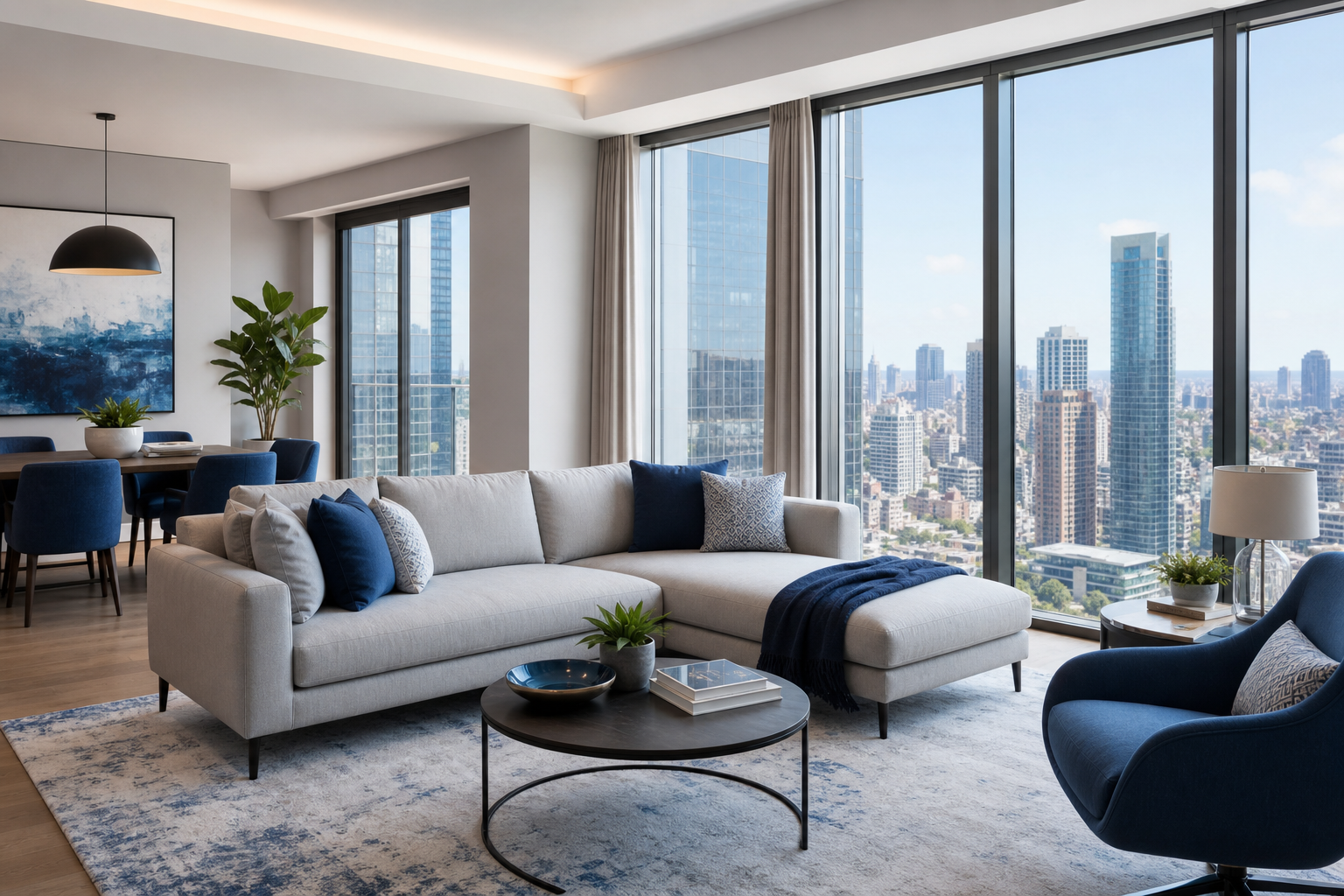 Appartement moderne et lumineux avec grandes baies vitrées sur une skyline urbaine