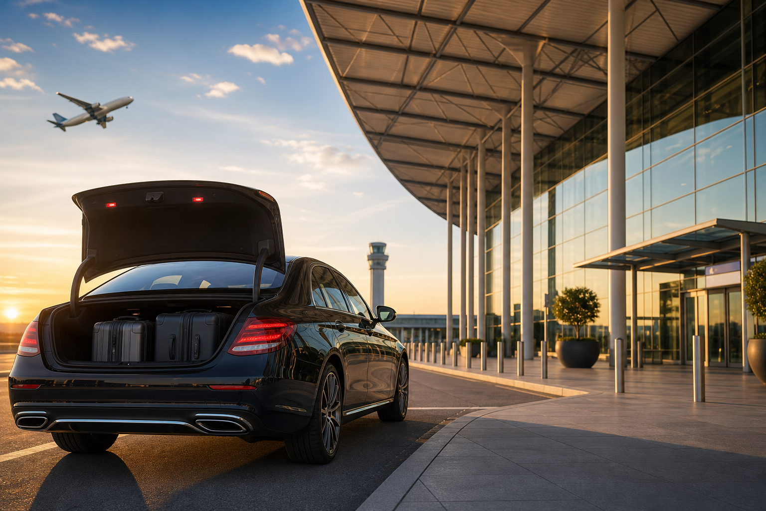 Véhicule premium stationné devant un terminal d'aéroport international au coucher du soleil