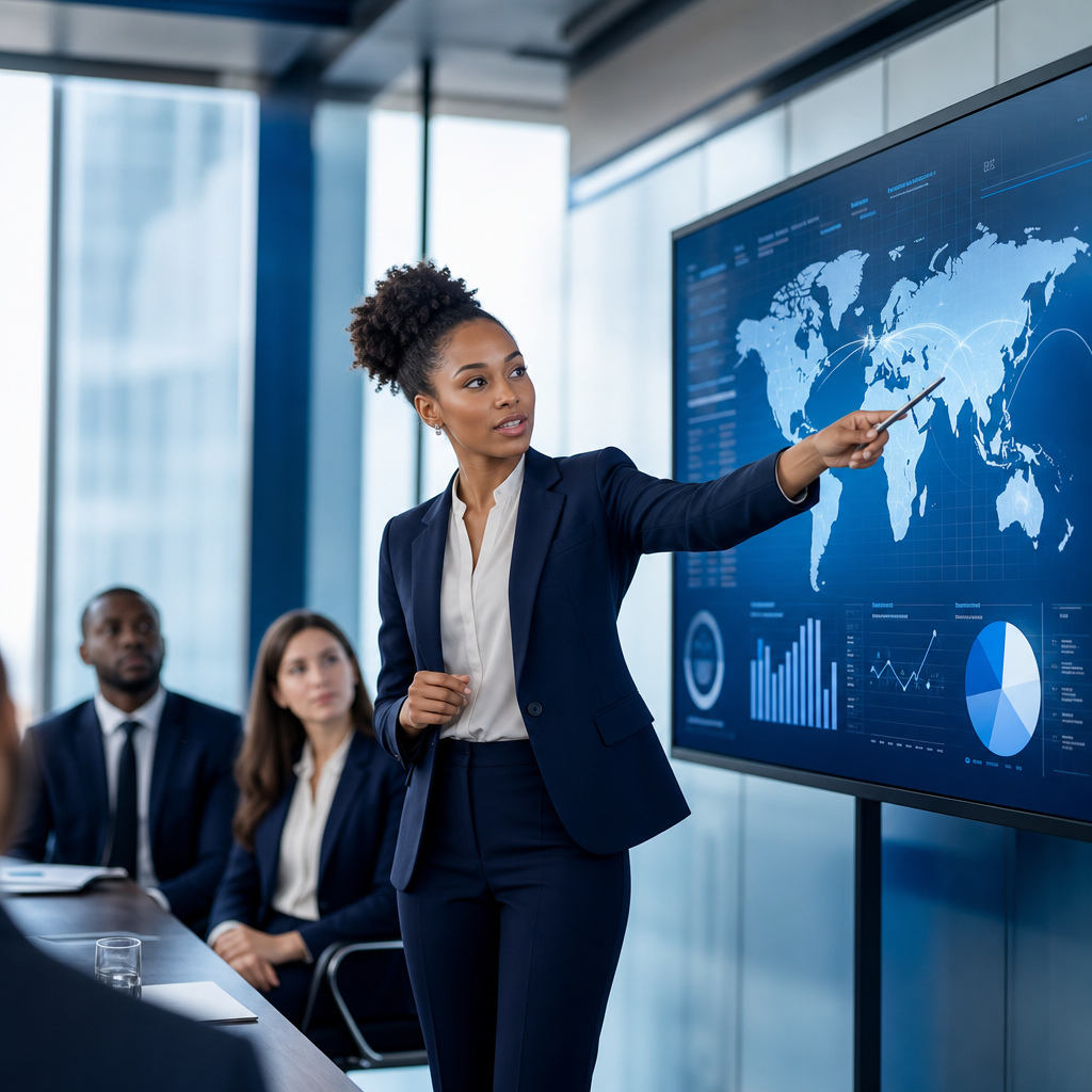Consultante présentant un tableau de tendances internationales sur écran