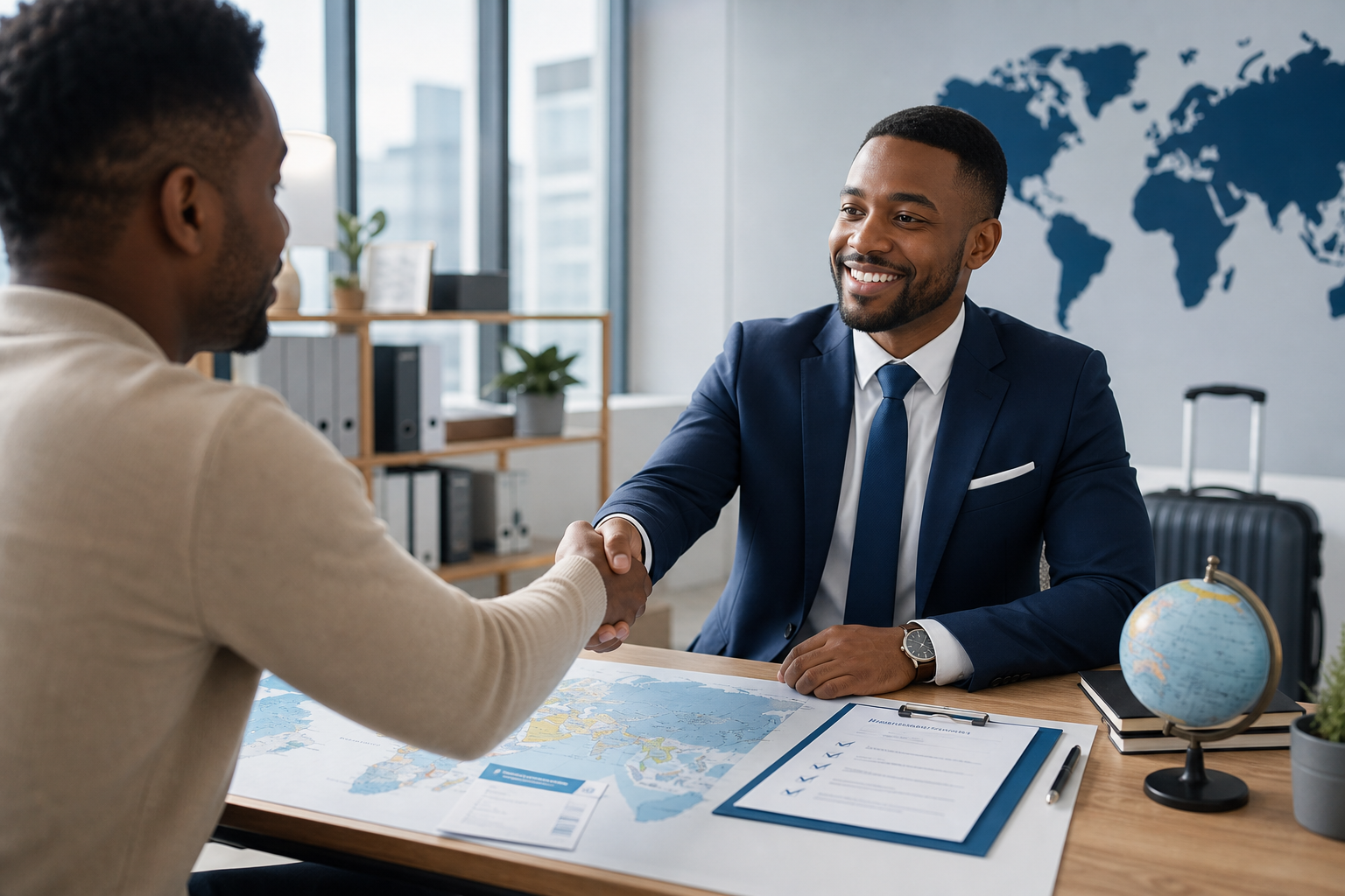 Consultant international serrant la main d'une cliente dans un bureau lumineux avec plans de ville