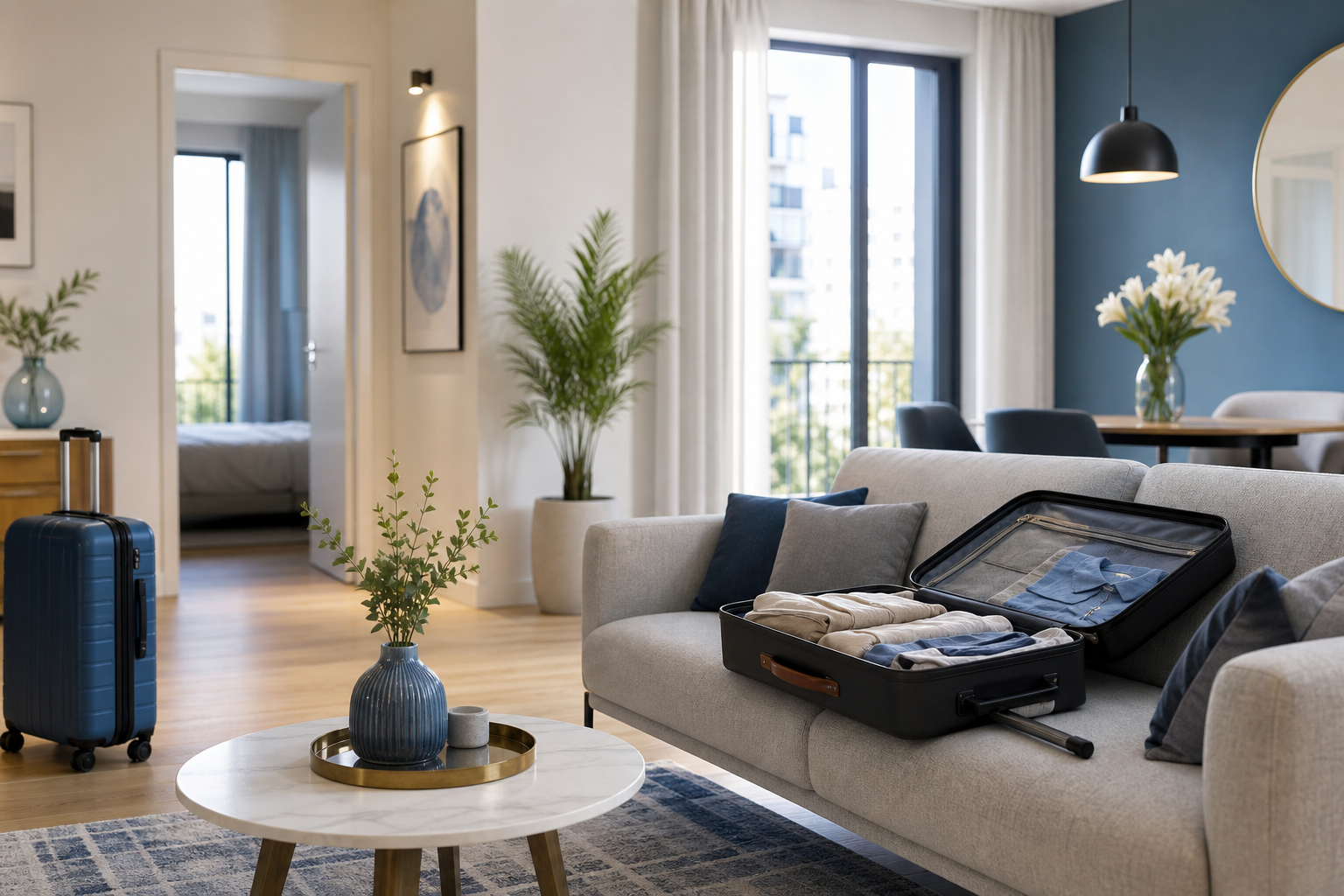 Appartement lumineux préparé pour une arrivée internationale avec valise ouverte