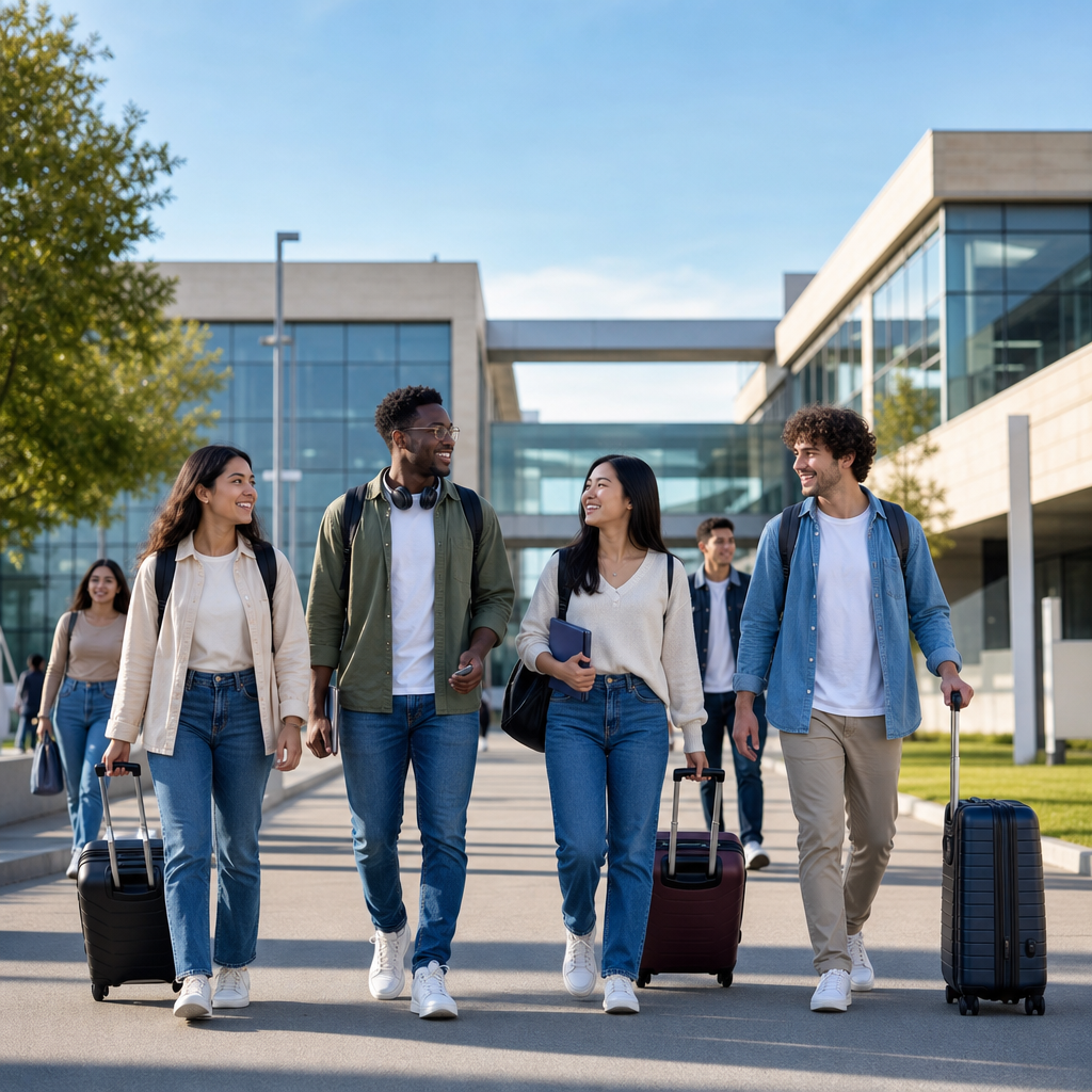 Étudiants internationaux sur un campus moderne avec des valises