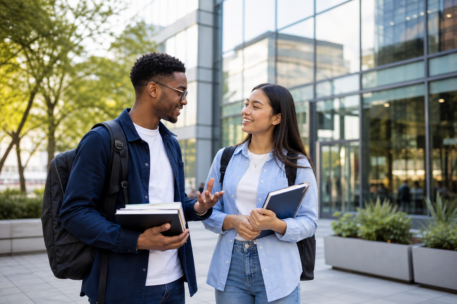 Étudiantes internationales discutant devant un campus moderne avec des sacs d'études