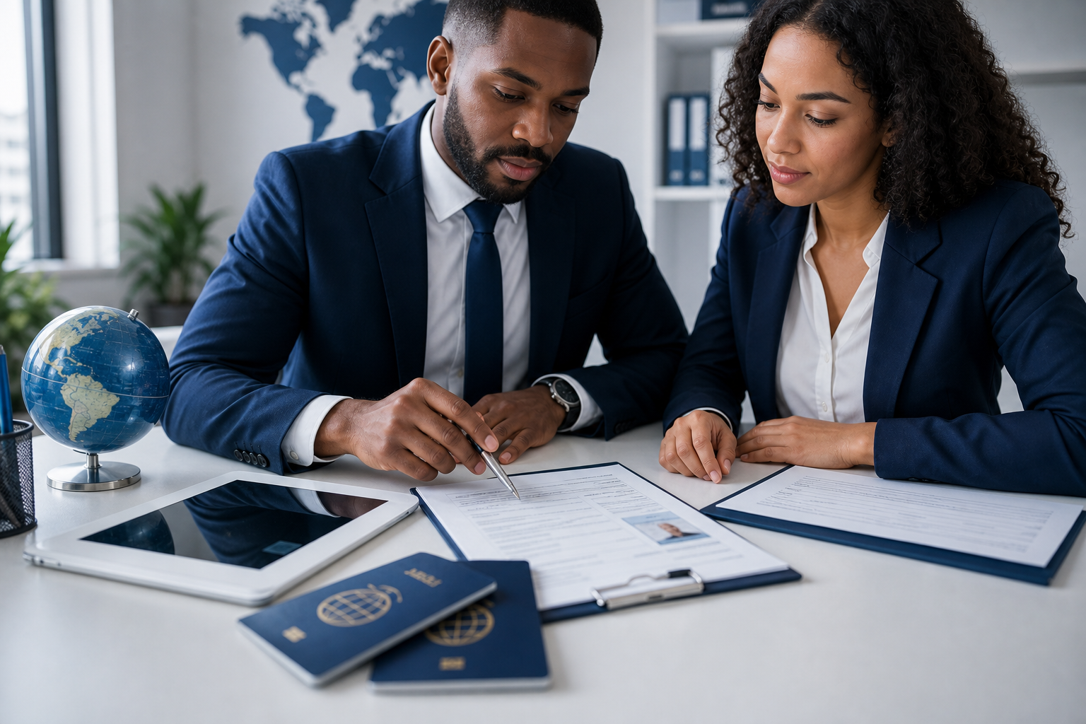 Conseillers examinant un dossier de visa sur une table avec passeports et tablette