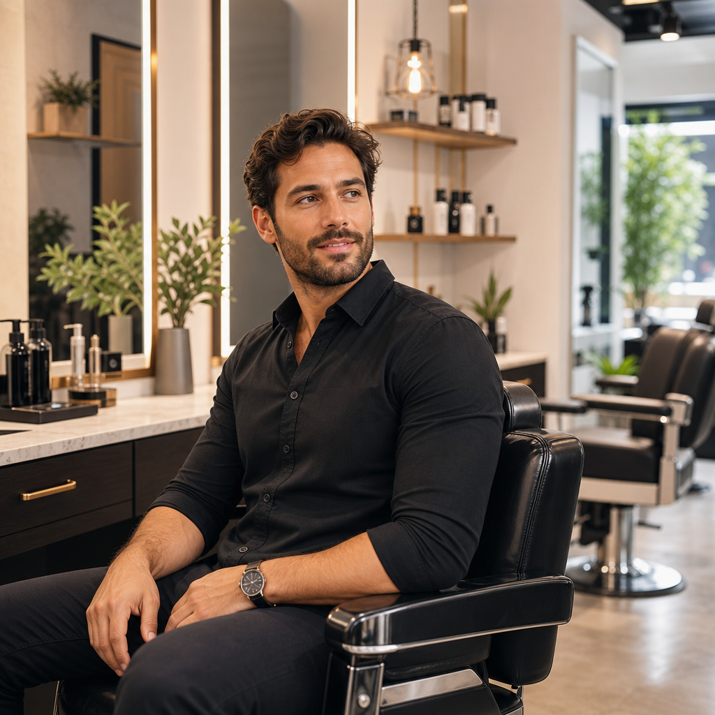 Elegant female stylist gently adjusting a client’s long, glossy hair in a bright modern salon