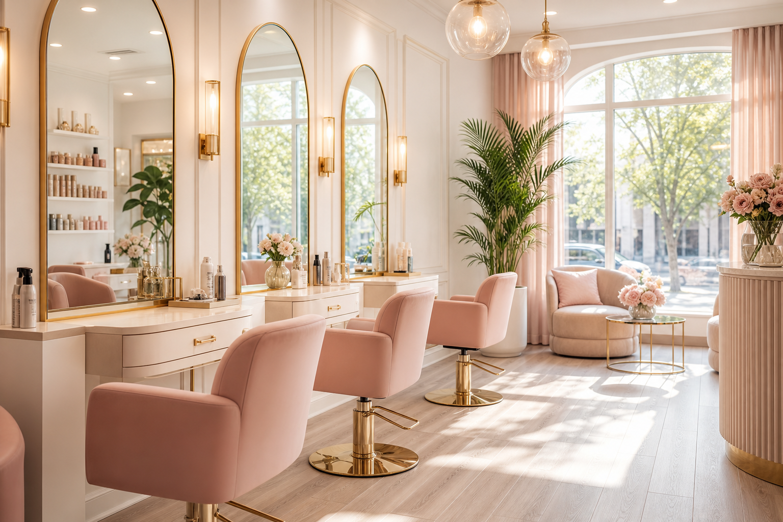A bright, elegant hair salon interior with blush-toned chairs, gold accents, and soft natural light