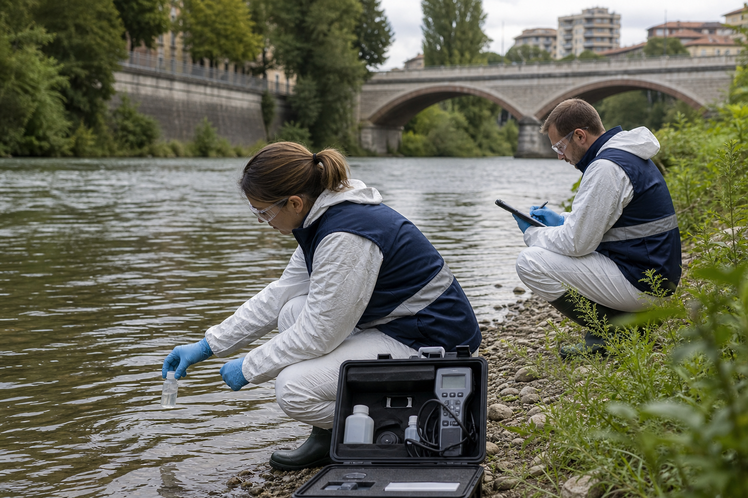Tecnici ambientali lungo un fiume mentre effettuano campionamenti dell'acqua
